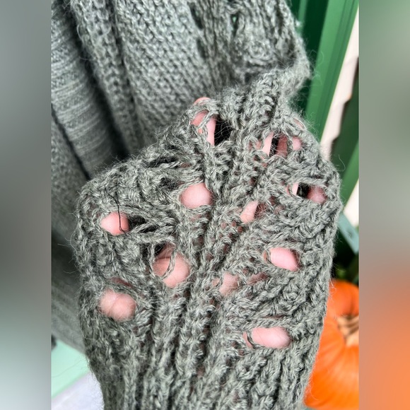 AE Slouchy Chenille Cardigan Open Front Knit Olive Green Large Wool Blend - Picture 4 of 8